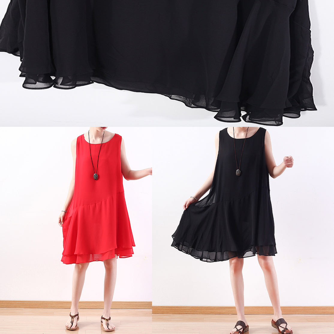 Italienisches schwarzes Chiffon-Outfit Korea Leinen ärmelloses A-Linien-Sommerkleid