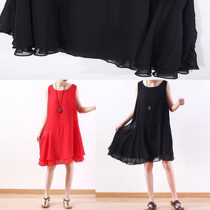Italienisches schwarzes Chiffon-Outfit Korea Leinen ärmelloses A-Linien-Sommerkleid