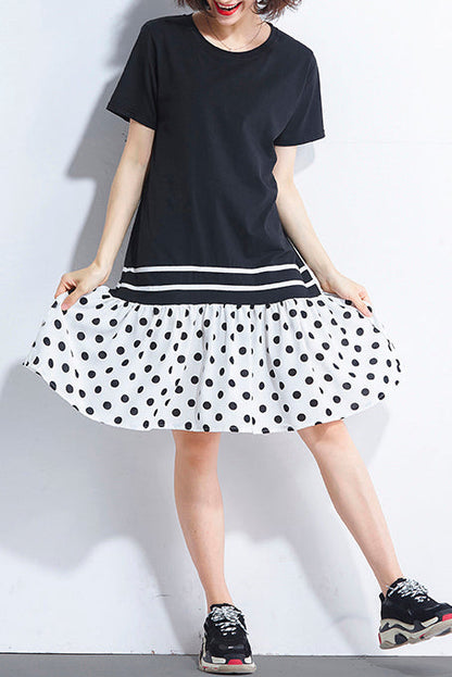 Italienische schwarze Baumwoll-Steppkleider 2019 Hemden Patchwork O-Ausschnitt lockeres Sommerkleid