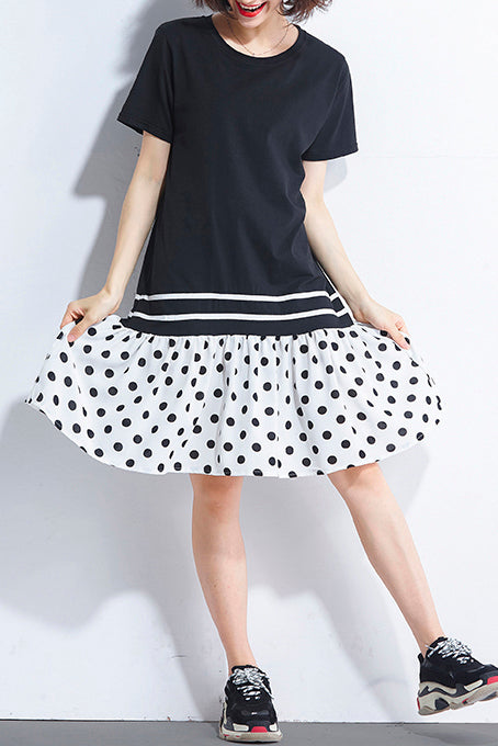 Italienische schwarze Baumwoll-Steppkleider 2019 Hemden Patchwork O-Ausschnitt lockeres Sommerkleid