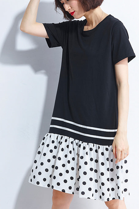 Italienische schwarze Baumwoll-Steppkleider 2019 Hemden Patchwork O-Ausschnitt lockeres Sommerkleid