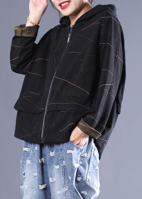 Italian black Fine outwear design hooded zippered coat - SooLinen