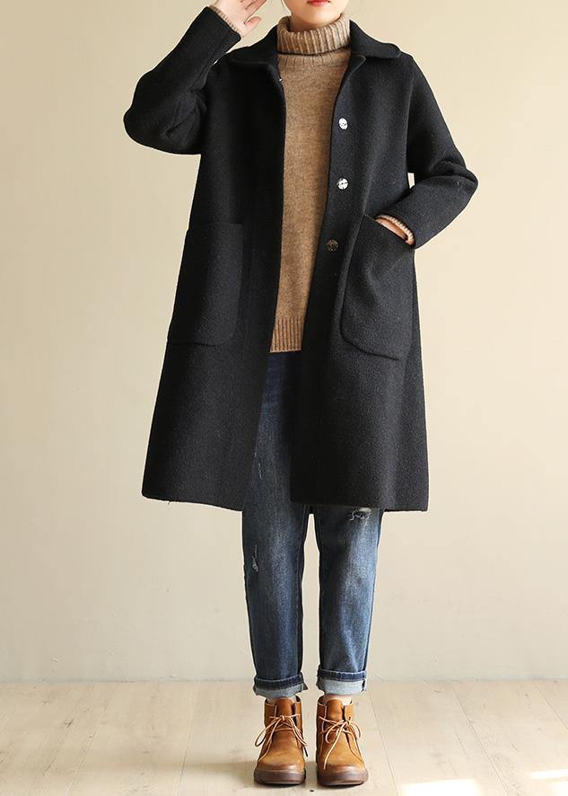 Italian black Plus Size outfit Cotton Notched collar two pockets coat - SooLinen