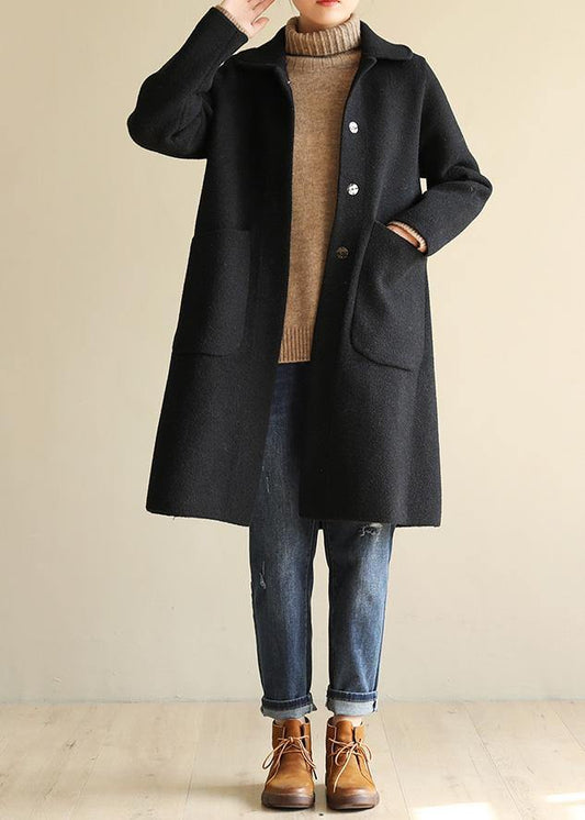 Italian black Plus Size outfit Cotton Notched collar two pockets coat - SooLinen