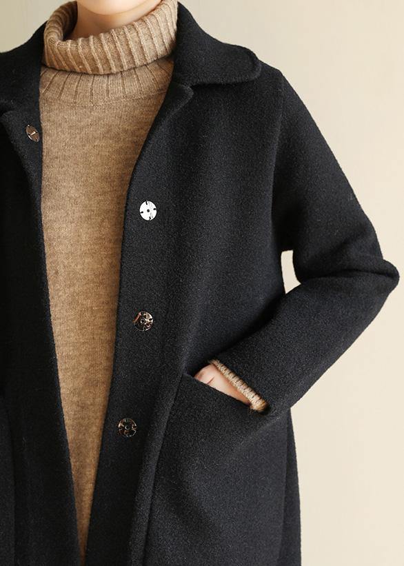 Italian black Plus Size outfit Cotton Notched collar two pockets coat - SooLinen