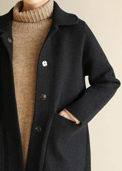 Italian black Plus Size outfit Cotton Notched collar two pockets coat - SooLinen