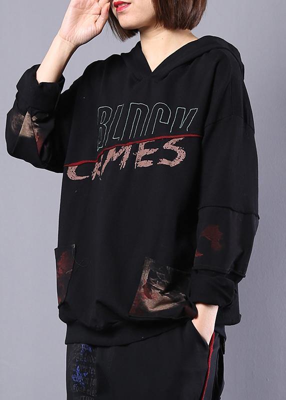 Italian black alphabet prints cotton clothes For Women patchwork hooded cotton autumn blouses - SooLinen