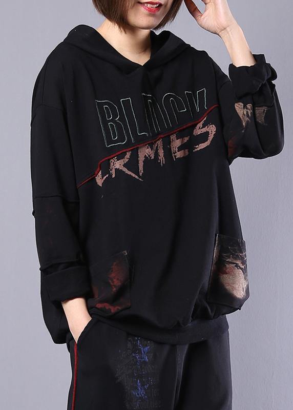 Italian black alphabet prints cotton clothes For Women patchwork hooded cotton autumn blouses - SooLinen