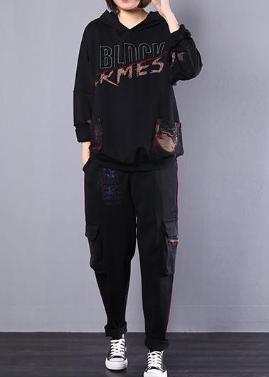 Italian black alphabet prints cotton clothes For Women patchwork hooded cotton autumn blouses - SooLinen