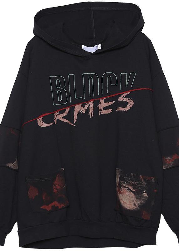 Italian black alphabet prints cotton clothes For Women patchwork hooded cotton autumn blouses - SooLinen