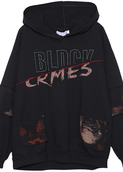 Italian black alphabet prints cotton clothes For Women patchwork hooded cotton autumn blouses - SooLinen