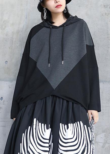 Italian black asymmetric outfit hooded patchwork Midi tops - SooLinen