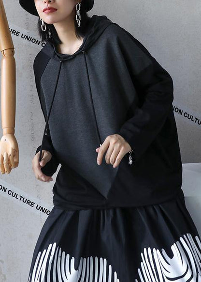 Italian black asymmetric outfit hooded patchwork Midi tops - SooLinen