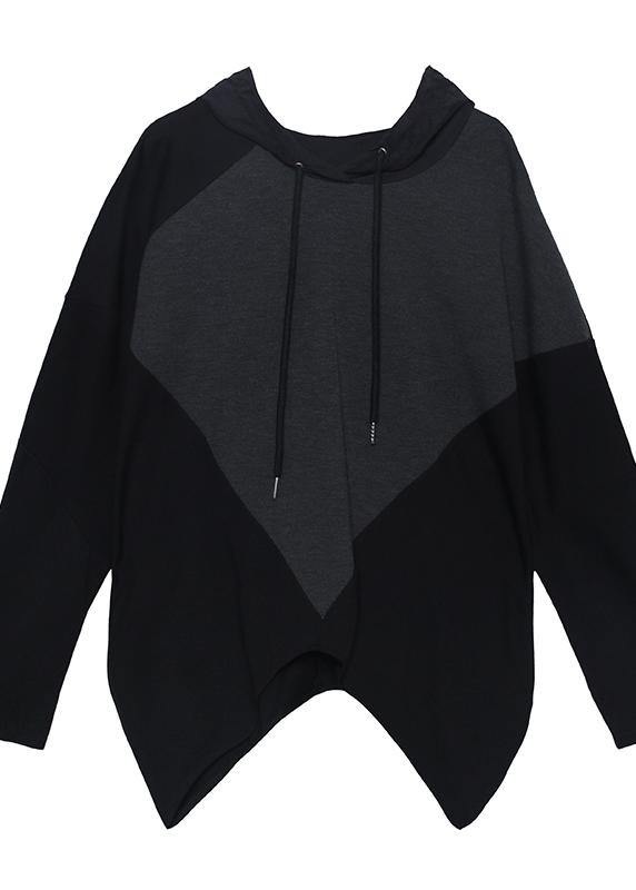 Italian black asymmetric outfit hooded patchwork Midi tops - SooLinen