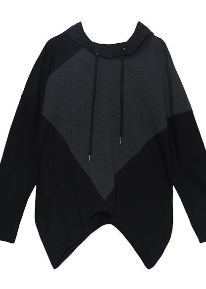 Italian black asymmetric outfit hooded patchwork Midi tops - SooLinen