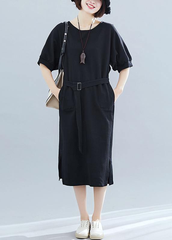 Italian black cotton Wardrobes o neck side open Art summer Dress - SooLinen