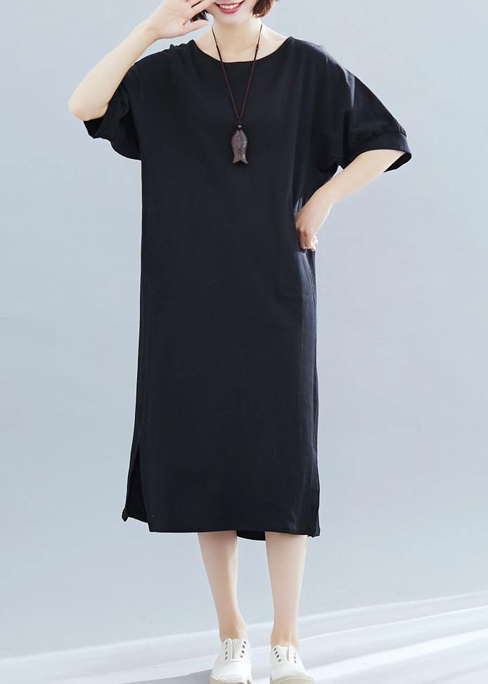 Italian black cotton Wardrobes o neck side open Art summer Dress - SooLinen