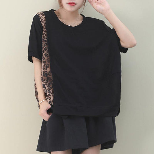 Italian black cotton clothes For Women o neck patchwork Leopard Knee blouses - SooLinen