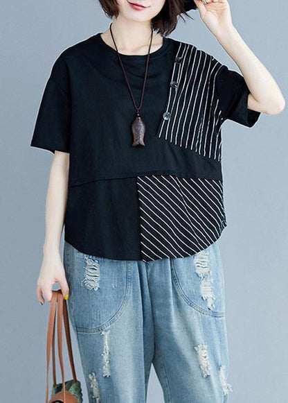 Italian black cotton clothes For Women o neck patchwork loose summer blouses - SooLinen