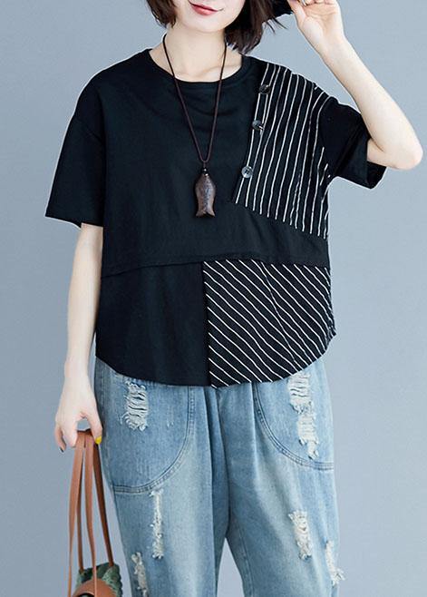 Italian black cotton clothes For Women o neck patchwork loose summer blouses - SooLinen