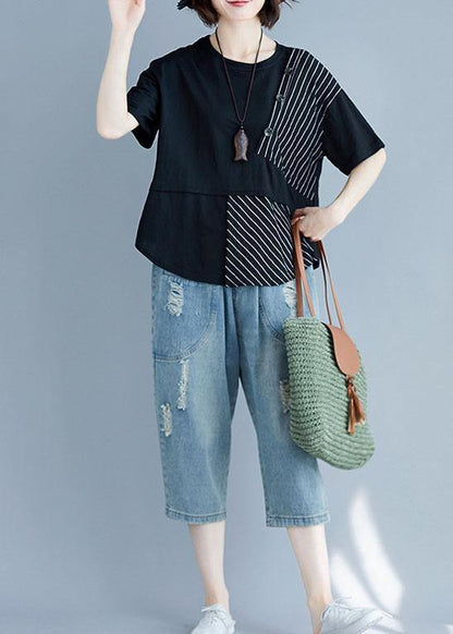 Italian black cotton clothes For Women o neck patchwork loose summer blouses - SooLinen