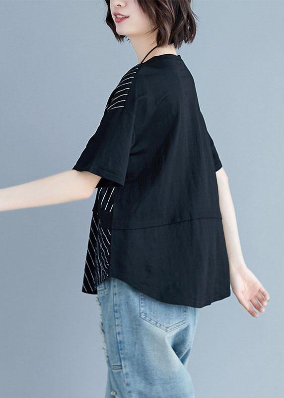 Italian black cotton clothes For Women o neck patchwork loose summer blouses - SooLinen