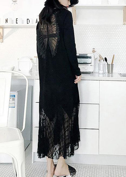 Italian black cotton dress hollow out Maxi summer patchwork Dress - SooLinen