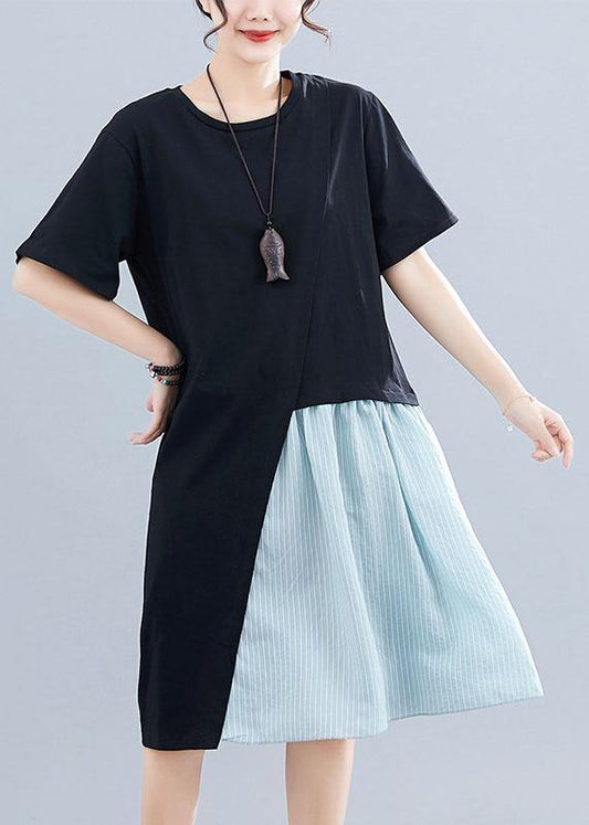Italian black cotton linen clothes For Women patchwork o neck baggy summer Dresses - SooLinen