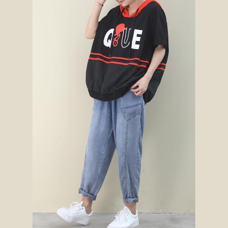 Italian black cotton shirts women hooded half sleeve Dresses summer - SooLinen