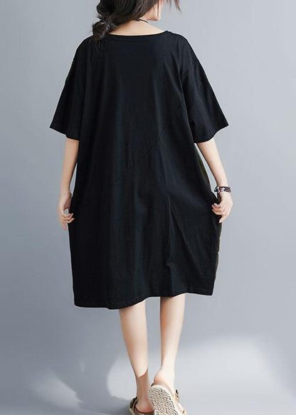 Italian black cotton tunics for women o neck patchwork Maxi summer Dresses - SooLinen