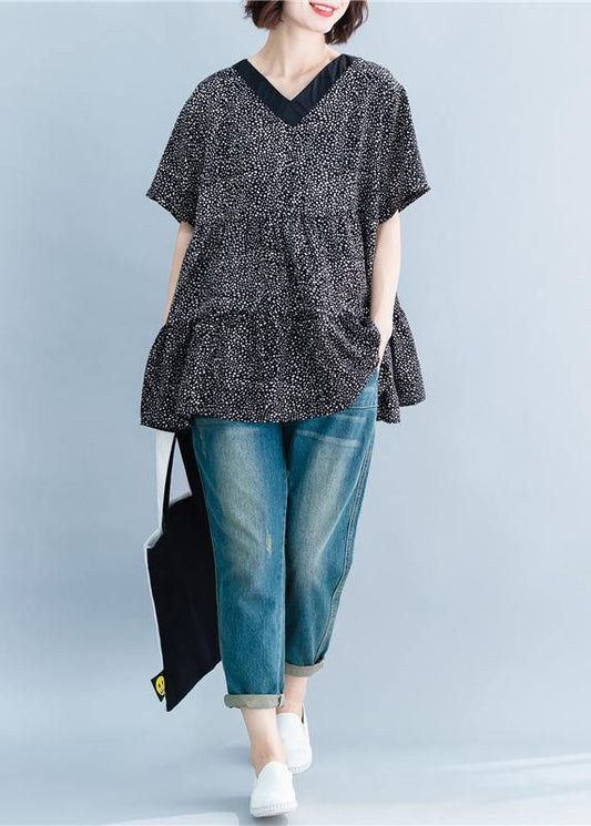 Italian black dotted Blouse v neck Art summer shirt - SooLinen