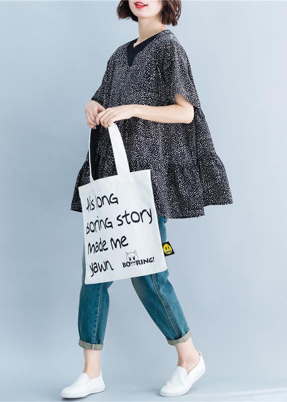 Italian black dotted Blouse v neck Art summer shirt - SooLinen