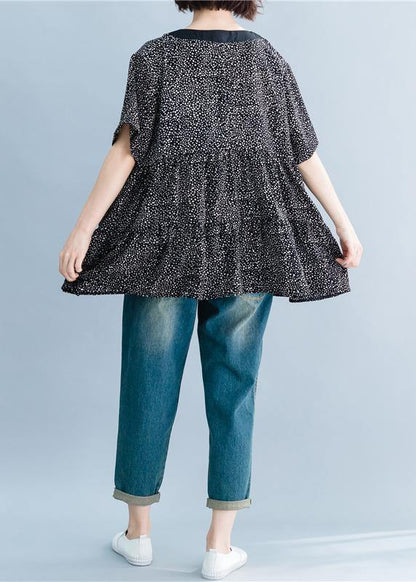 Italian black dotted Blouse v neck Art summer shirt - SooLinen