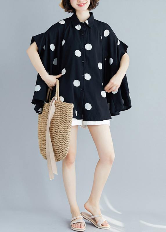 Italian black dotted chiffon tops quality Sewing lapel Art Summer shirt - SooLinen