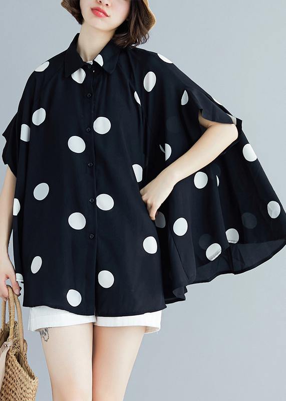 Italian black dotted chiffon tops quality Sewing lapel Art Summer shirt - SooLinen
