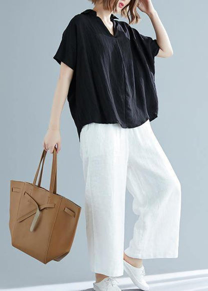 Italian black linen cotton Blouse Pakistani Fabrics v neck Button Down Knee Summer blouses - SooLinen