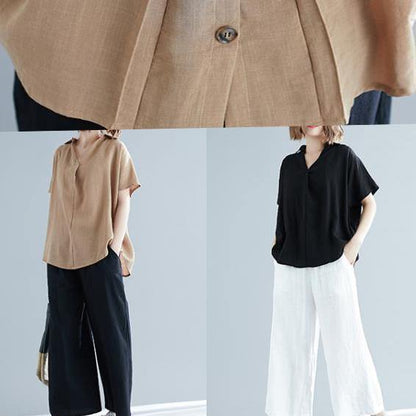 Italian black linen cotton Blouse Pakistani Fabrics v neck Button Down Knee Summer blouses - SooLinen