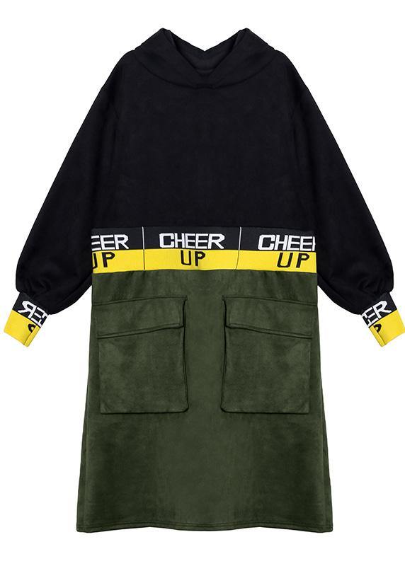 Italian black patchwork Long Shirts hooded A Line Dress - SooLinen