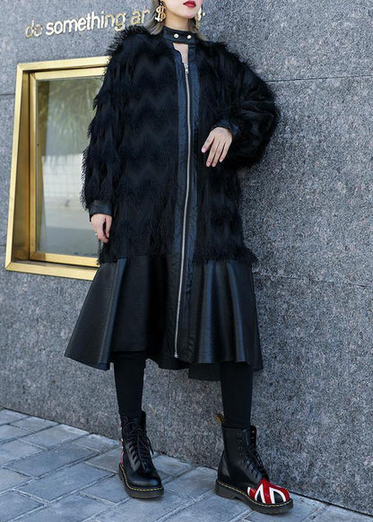 Italian black patchwork PU fine Coats Women pattern stand collar tassel fall coats - SooLinen