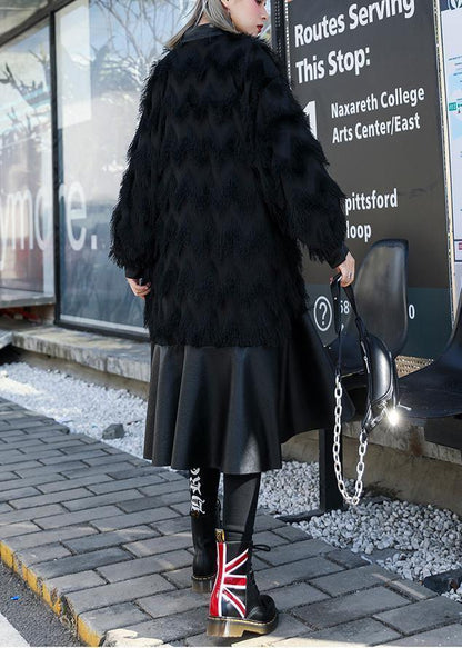 Italian black patchwork PU fine Coats Women pattern stand collar tassel fall coats - SooLinen
