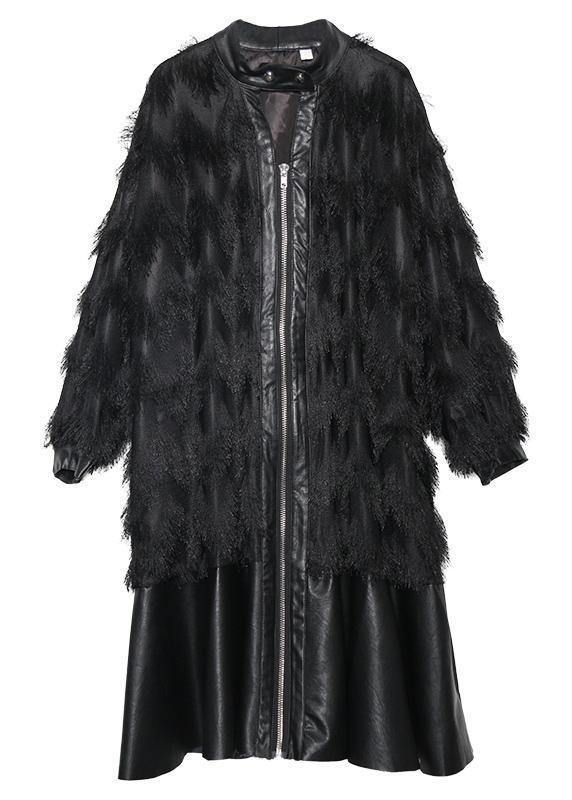 Italian black patchwork PU fine Coats Women pattern stand collar tassel fall coats - SooLinen
