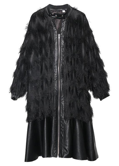 Italian black patchwork PU fine Coats Women pattern stand collar tassel fall coats - SooLinen