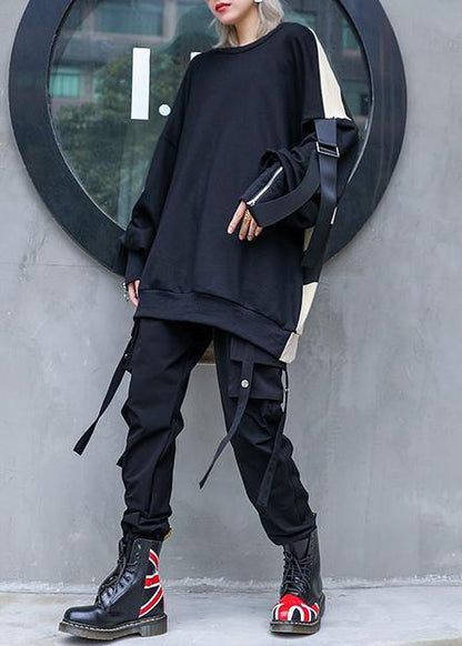 Italian black patchwork camouflage cotton o neck Streetwear Midi fall blouse - SooLinen