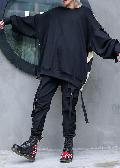 Italian black patchwork camouflage cotton o neck Streetwear Midi fall blouse - SooLinen