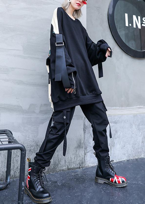 Italian black patchwork camouflage cotton o neck Streetwear Midi fall blouse - SooLinen