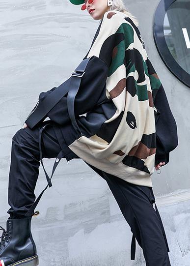 Italian black patchwork camouflage cotton o neck Streetwear Midi fall blouse - SooLinen