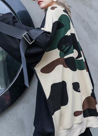 Italian black patchwork camouflage cotton o neck Streetwear Midi fall blouse - SooLinen