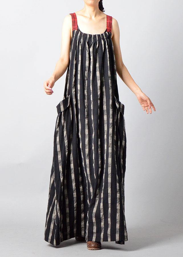 Italian black patchwork linen Robes sleeveless Traveling fall Dress - SooLinen