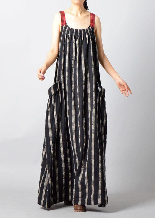 Italian black patchwork linen Robes sleeveless Traveling fall Dress - SooLinen