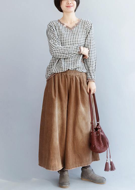 Italian black small plaid cotton linen tops women wild Midi v neck blouse - SooLinen